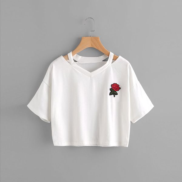 

women rose t shirt short sleeve print casual t shirt o neck vest, White