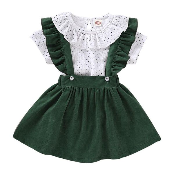 

2шт новорожденный младенец девочка одежда с коротким рукавом точка рябить ползунки топы твердые подтяжки юбка брюки наряды набор ropa, White