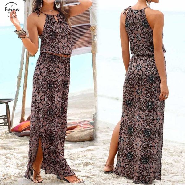 

womens casual bohemian print ankle length front flare wear boho maxi dress women sleeveless halter long party dress 30, Black;gray