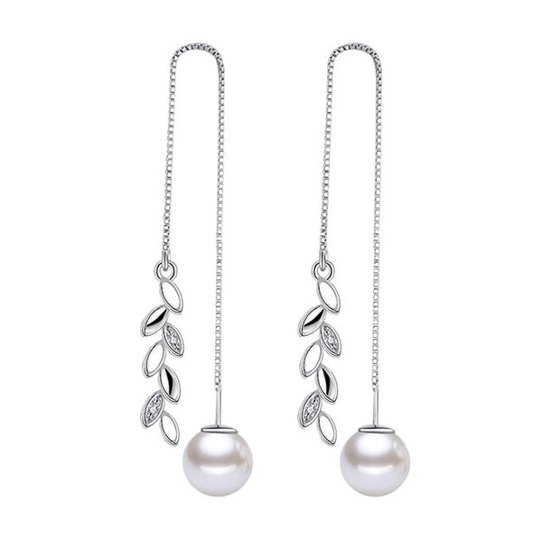 

Graceful Silver Valentines Gift Drop Luxury Earrings Leaf Wedding Engagement Simulated Pearl Tassel Korean Fashion Jewelry Gifts