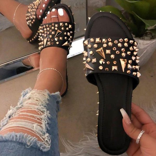 

women rivet flat slippers casual ladies slides open toe metal decoration soft beach shoes summer outside female footwear 2020, Black