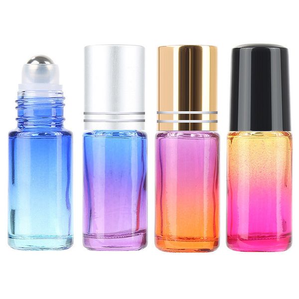Rolo de vidro em cor gradiente de 5 ml em garrafas garrafa de óleo essencial de perfume vazio com contêiner de bola de rolo de metal de aço