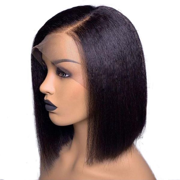 

kinky straight bob wig lace front human hair wig short brazilian remy hair lace pre plucked for black women bleached knots, Black;brown