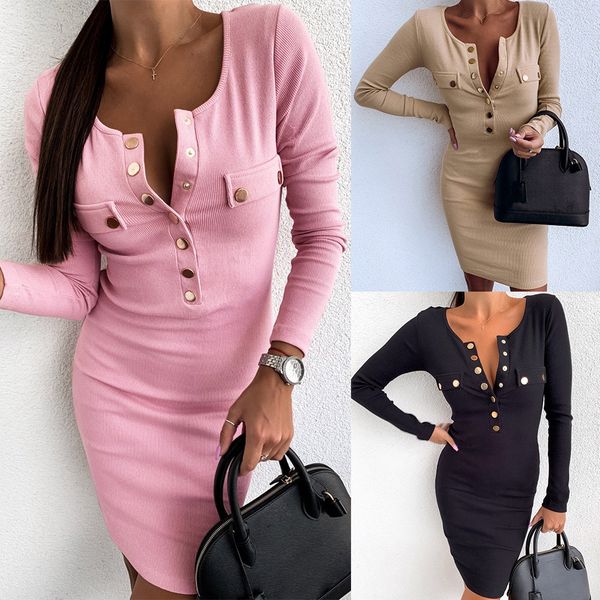 

2019 dress women party night club wear low cut solid color button long sleeve skinny women dress bodycon, Black;gray