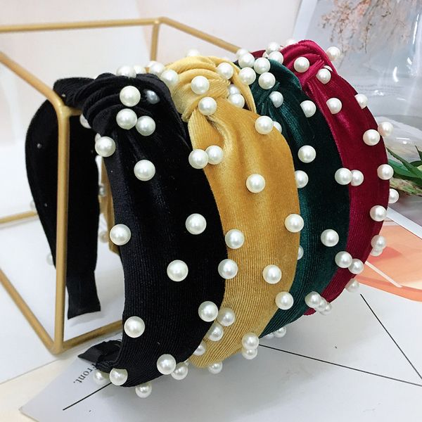 

velvet wide headbands knot turban hairband vintage head wrap with faux pearl elastic hair hoops fashion hair accessories for women and girl, Silver