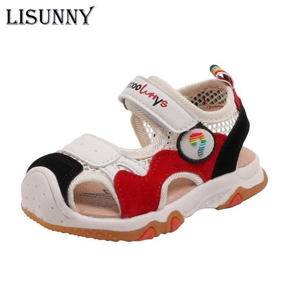 

новые мальчики девочки сандалии мягкая кожа закрытый носок малышей обувь детские летние кожаные ботинки детей пляж спорт детские сандалии, Black;red