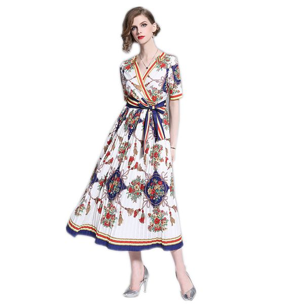 

Women Dress Summer Spring Elegant Bodycon Vintage Party Runway Casual Print Short Sleeve Midi Pleated Office Work Dresses