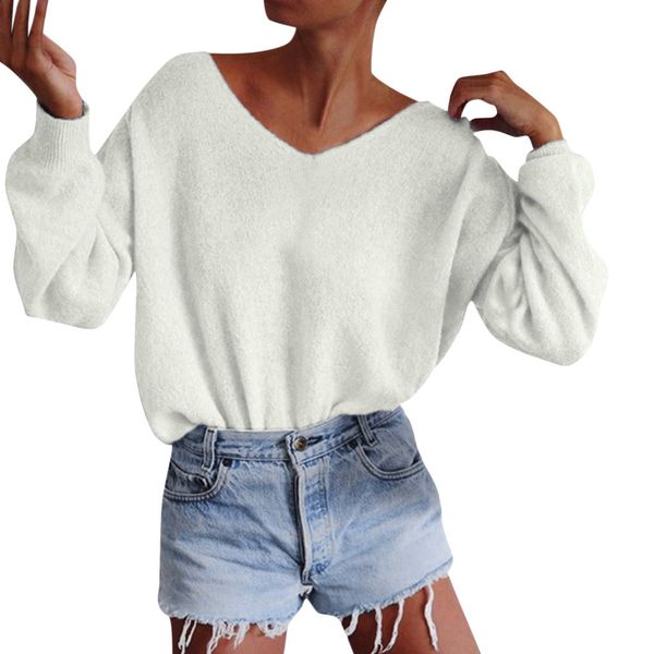 

autumn winter fashion sweaters woman v-neck knitting solid color pullover loose long sleeve sueter mujer invierno 2019, White;black