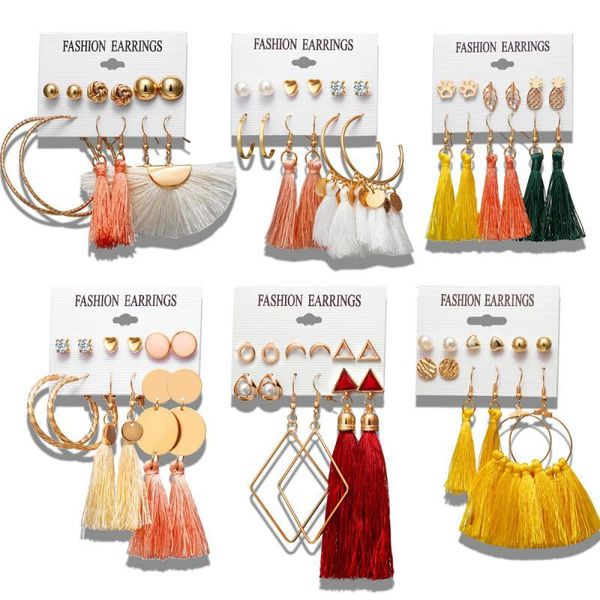 

2019 female fashion tassel earrings bohemian long earrings set for lady brincos geometric fabric drop earring women jewelry, Silver