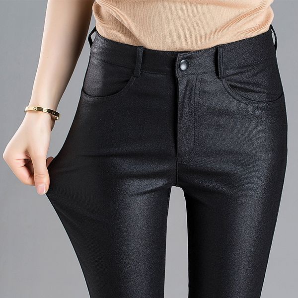 

2018autumn winter new female matte black scrab chaparajos leggings moderate-elasticity mid-waist coating pu imitation leather, Blue