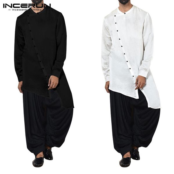 

incerun men solid color long sleeve muslim kaftan fashion casual crew collar irregular hem button mens long streetwear, Red