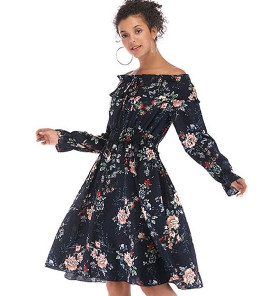 

floral print womens casual dresses slash neck long sleeve womens designer dresses casual females clothing, Black;gray