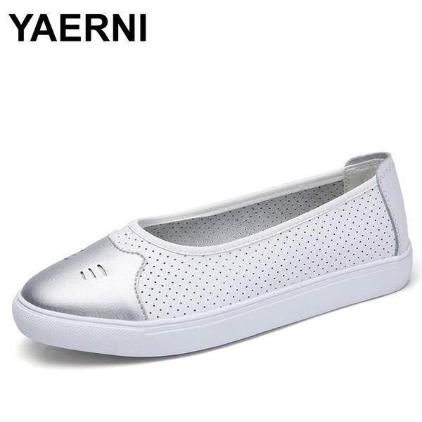 

yaerni white shoes women's new style women's genuine leather shoes korean-style hollow out mom slip-on flat, Black
