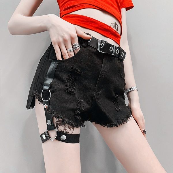 

leg ring black shorts woman high waist elastic holes denim tight summer punk female shorts, White;black
