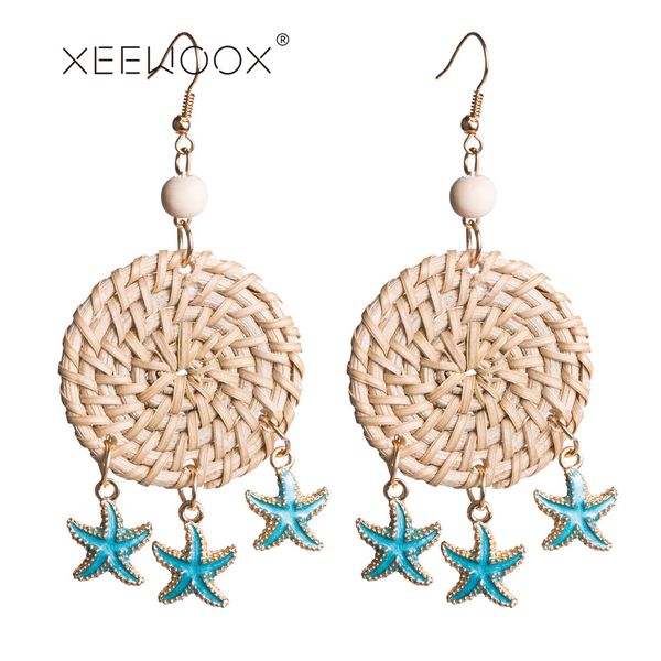 

2019 gold summer beach blue enamel starfish sealife handmade braided rattan earrings korean fashion conch sea snail ear jewelry, Silver