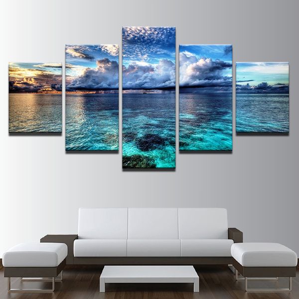 

canvas hd prints pictures wall art framework 5 pieces calm before the storm seascape painting home decor blue sky clouds poster