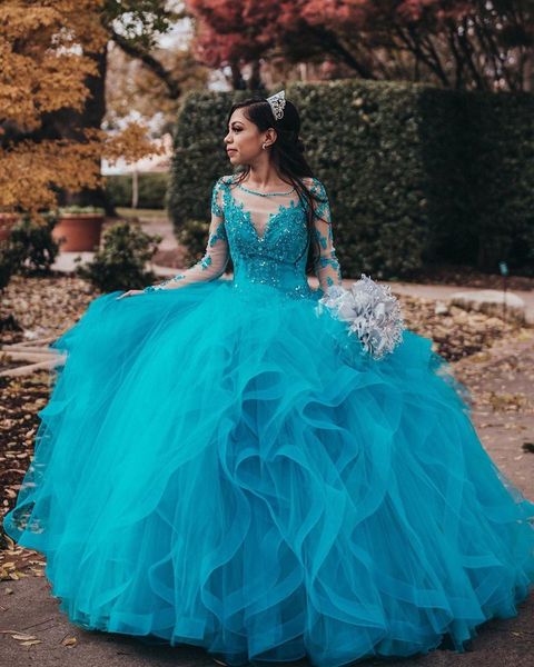 

blue lace beaded quinceanera prom dresses sheer neck long sleeves tulle evening party sweet 16 dress, Blue;red