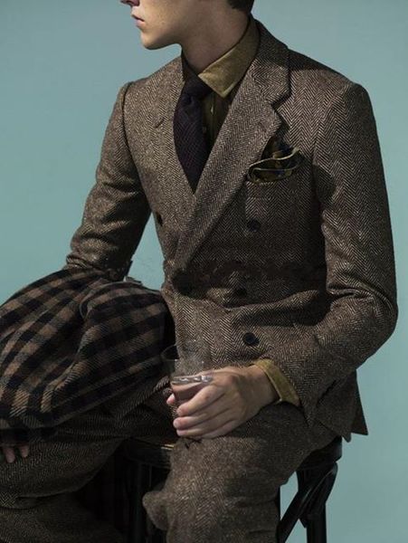 

new latest design double breasted brown tweed wedding groom tuxedos notch lapel groomsmen mens dinner blazer suits (jacket+pants+bowtie) 447, Black;gray