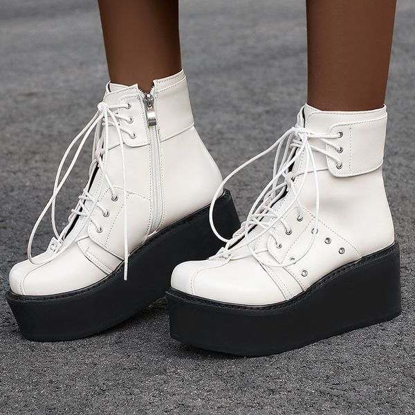

black white brown high platform ankle boots women plus big size autumn boot fashion wedges heels shoes woman handmade lace-up 46