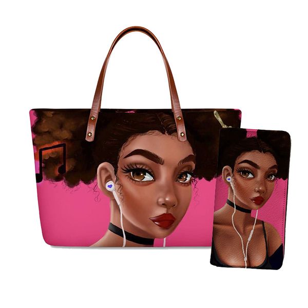 

hycool music african black girl print 2pcs/set shoulder tote handbag&purse set women casual beach bag travel cosmetic pouch bags
