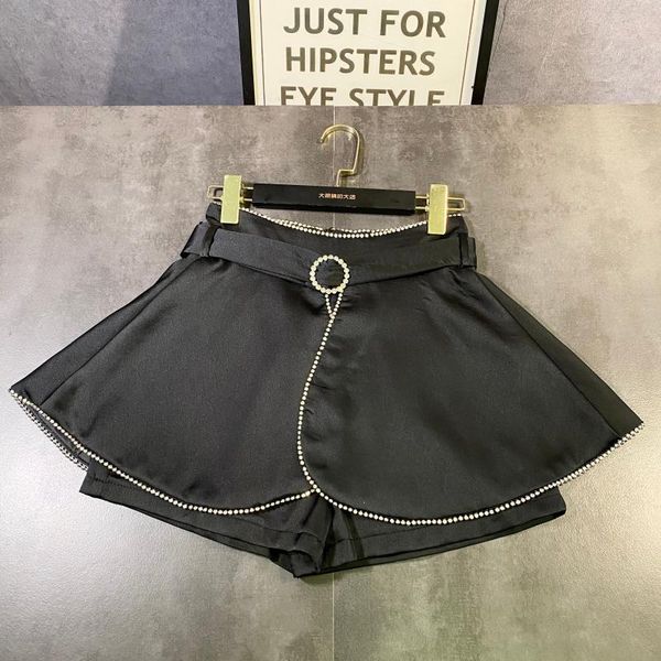 

deat 2020 new summer fashion casual high waist a line solid slim loose rhinestone chain shorts skirt women sd094, Black