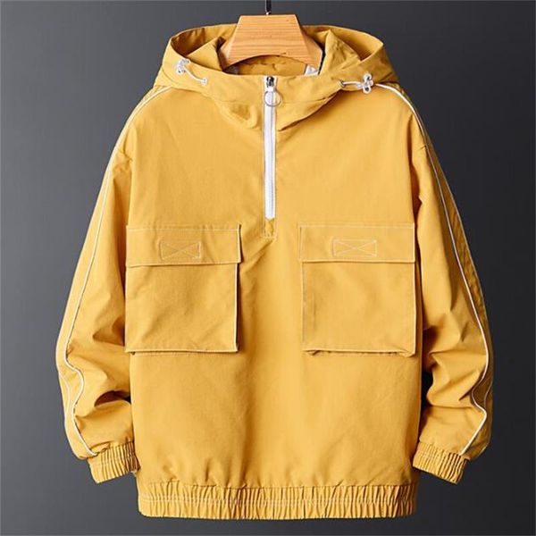 

autumn new fashion solid color pockets decoration men outfit jacket casual baggy streetwear homme hooded work coat, Black;brown