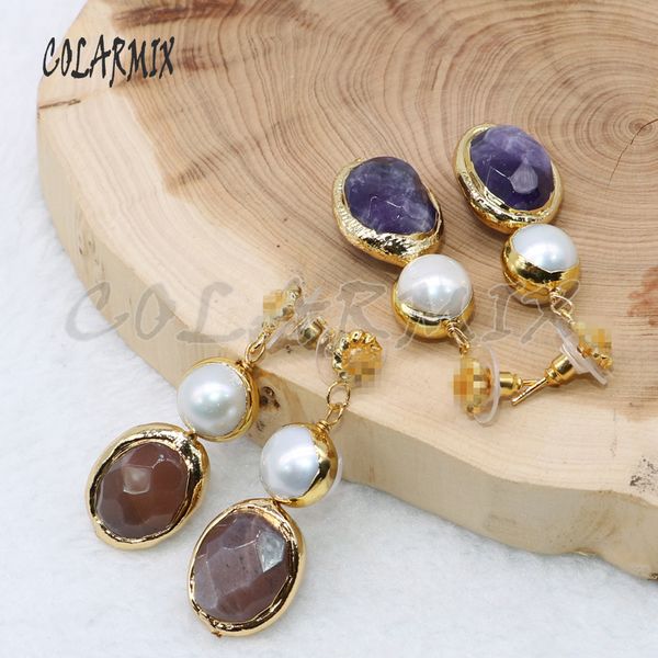 

3 pairs natural stone earrings mix colors stone with pearl plated golden color dangle earrings wholesale jewelry 4724, Silver