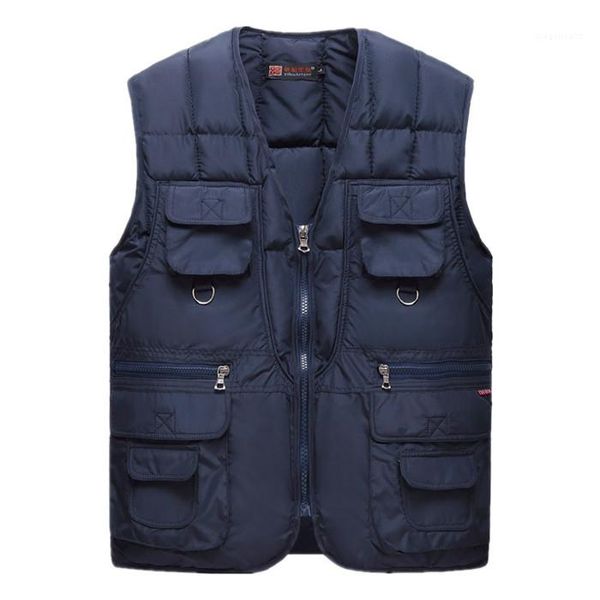 

winter designer pocket plus size thick panelled down vests mens casual clothes elderly people zipper fly outwear vest, Black;white