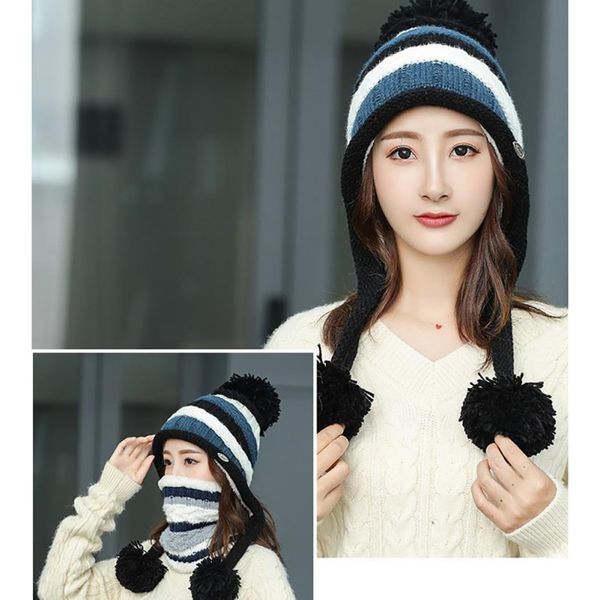 

cycling caps & masks winter cap scarf set knitting beanie hats women striped pompom soft warm stretchy outdoor ski, Black