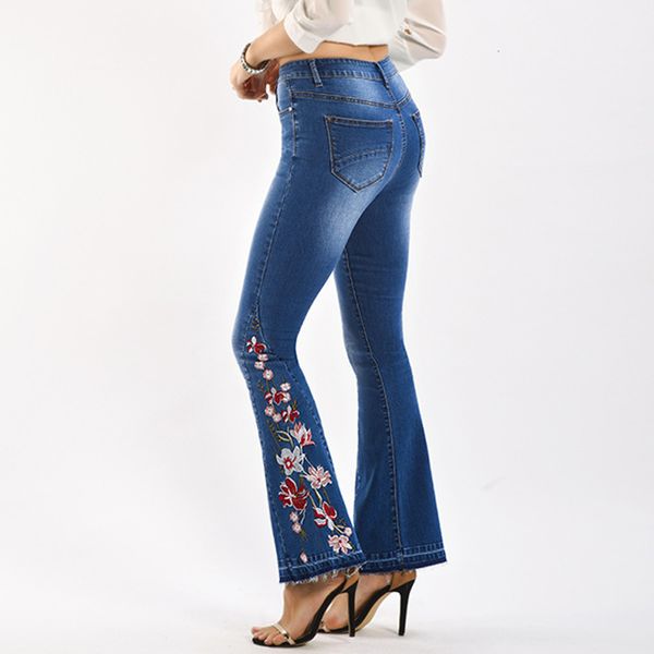 

women's classic mid rise embroidered denim flare pants trousers fitted, Blue