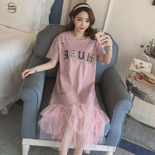 

2019 spring summer new women sweet loose hole short-sleeved shirt dress mesh stitching fishtail knee-length dresses pink black, Black;gray