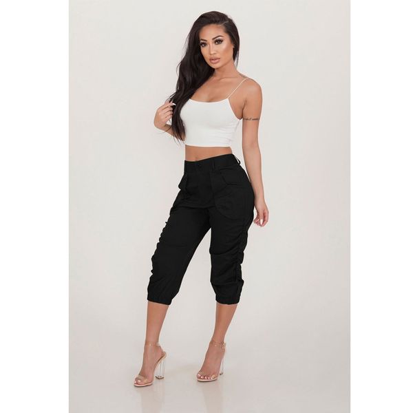 

2019 new fashion regular ol-style dark color three quarter trousers pleated simple harem women casual pants, Black;white