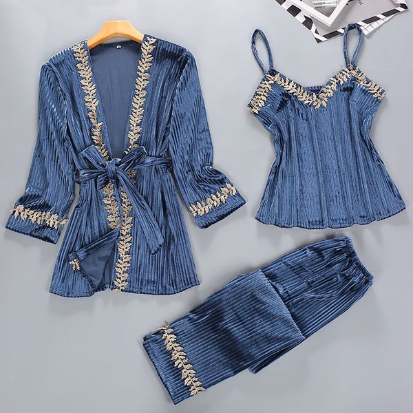 

2019 autumn womens 3pc strap pants suit night robe sleepwear sets casual pajamas home wear nightwear kimono bath gown, Blue;gray