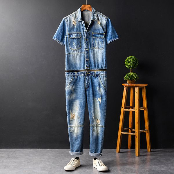 

2020 japanese retro denim jumpsuit male korean version of the hole nine points pants detachable jumpsuit short sleeve suit, Blue