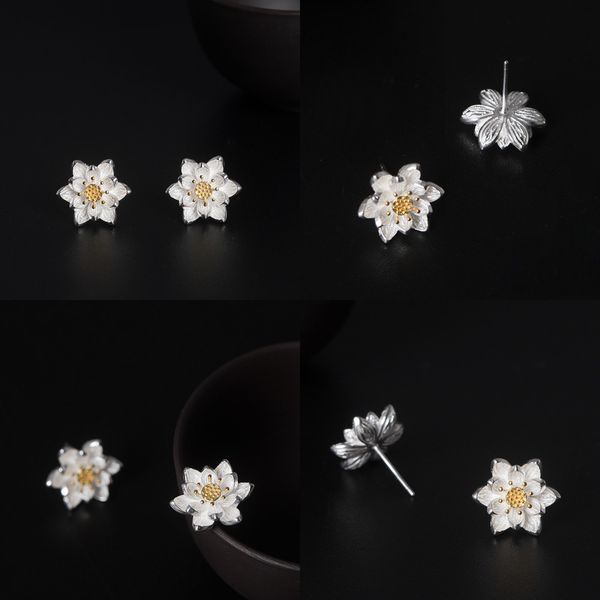 

925 silver concise lotus ear nail woman fund aestheticism nation wind literature temperament flower ancient earring 18k gold earrings, Golden