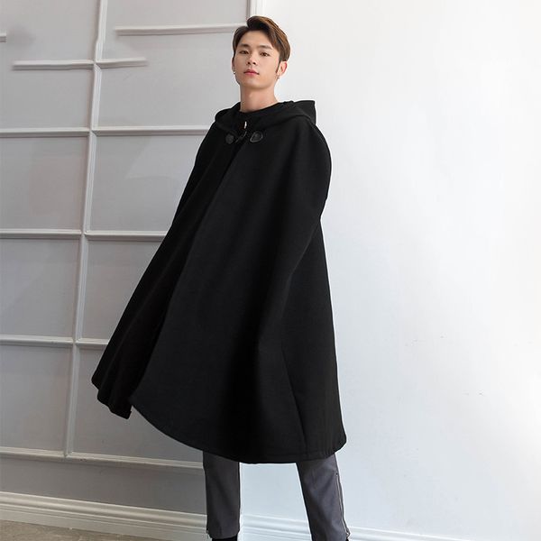 

hooded cloak coat long paragraph over the knee japan and south korea fashion retro sleeveless autumn and winter tide male wizard, Black