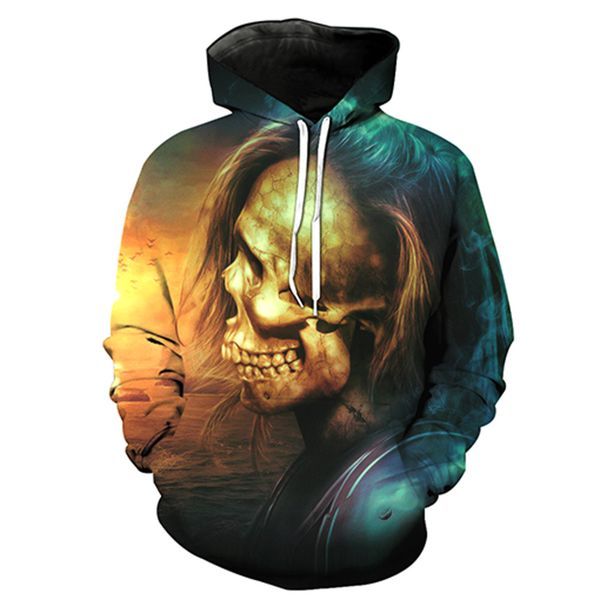 

foreign trade 3d printing skull pocket cover men's fashion men's hat sweatshirts printing blouse hoodies, Black
