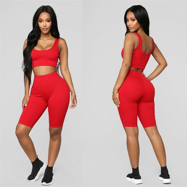 

women fashion solid sports tracksuits sets summer strappy tanks vest bralette knee length pants lady gym fitness workout suits, White