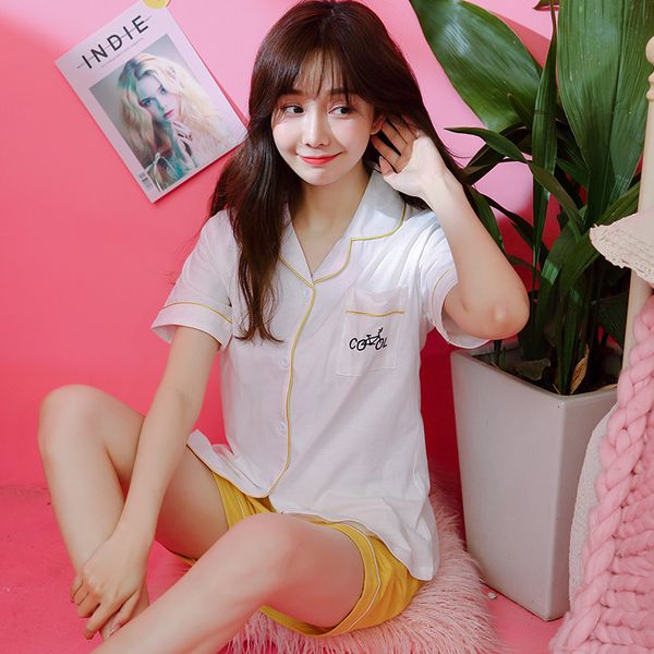 

summer women pajama set short sleeve female pure cotton sleepwear casual lapel cardigan patten print leisure pyjamas set 18008, Blue;gray