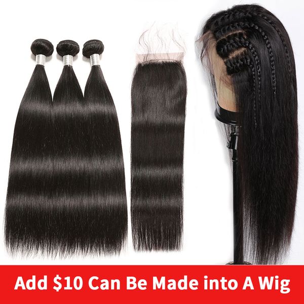 

straight hair 3 bundles with closure can be made into a closure wig 100% human hair bundles with 4x4 lace closure, Black;brown