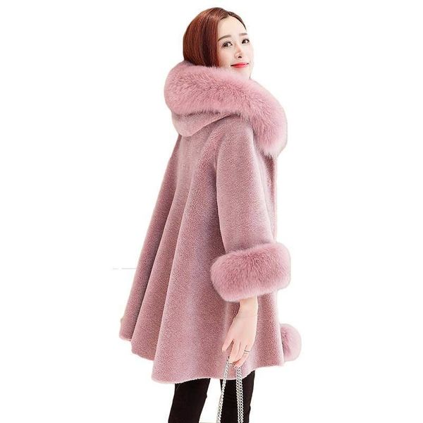 

women winter real fur coat female natural sheep shearing overcoat with genuine fur collar hooded wool jacket abrigos m84, Black
