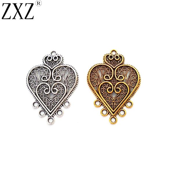 

zxz 10pcs antique gold/silver filigree heart chandelier multi strand connector earring charms pendants boho jewelry findings, Blue;slivery