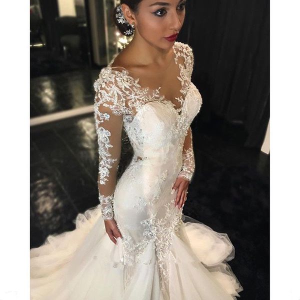 

sheer neck lace appliques mermaid wedding dresses long sleeves wedding gowns sweep train robe de mariee sirene, White
