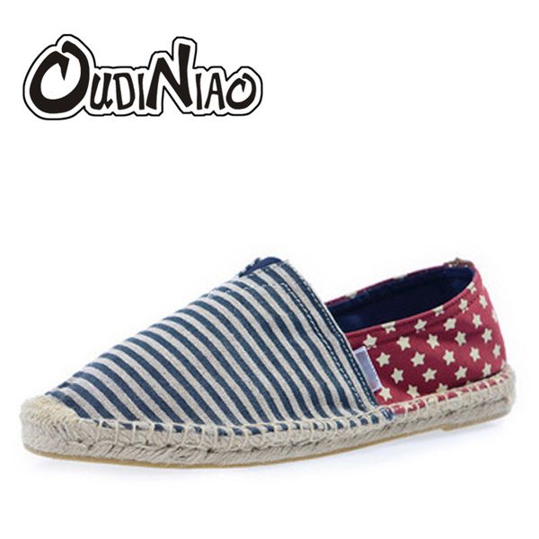 

oudiniao mens espadrilles star men patchwork slip on summer shoes men loafers breathable canvas shoes fashion jute wrapped, Black