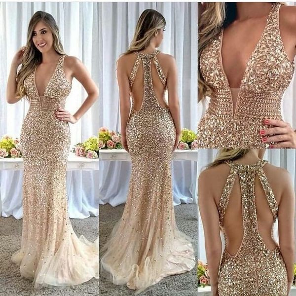 

Sexy Gold Mermaid Evening Gowns Beaded V Neck Prom Dresses Formal Wear Special Occasion Dress vestidos festa Robes de fête Abendkleider