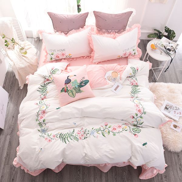 100 Cotton Embroidery White Pink Cute Bedding Set Queen King Size