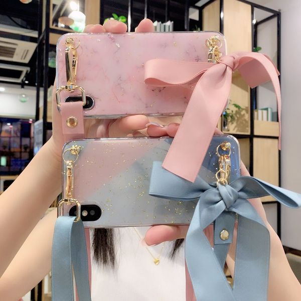 

one piece luxury iphone xr phone case for iphone 7 8 plus fashion marble pattern new designer back cover with bow-knot and lanyard
