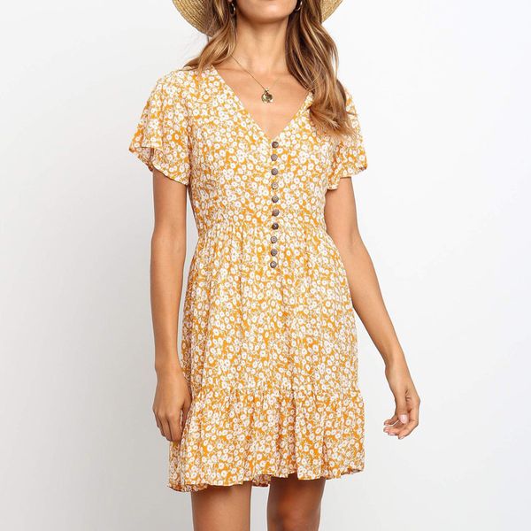

casual beach dresses for women 2020 deep v neck floral print ruffle summer dress boho short sleeve a line party mini dress, Black;gray