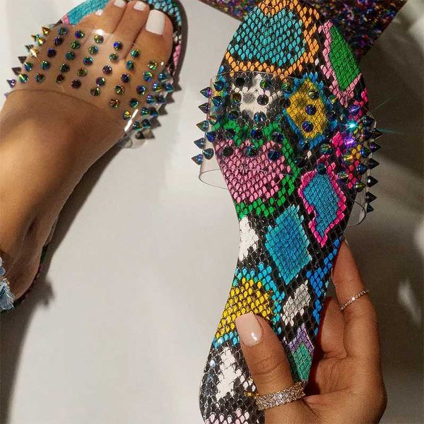 

snake veins cortex flat slippers for women rivet rubber slippers fashion roman rhinestones indoor and outdoor plus size 43, Black