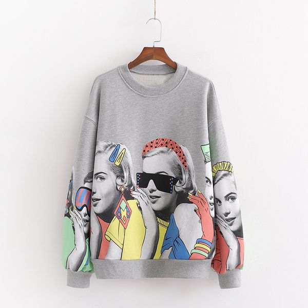 

women charater print fashion gray sweatshirt oversize autumn 2020 o neck loose pullover female ladies, Black
